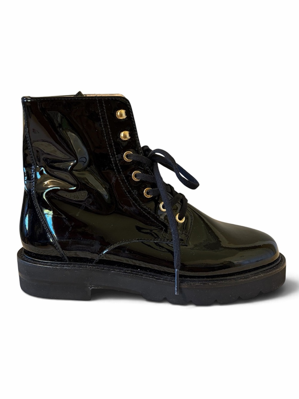 Stuart Weitzman Black Patent Leather Lug Sole Ankle Boots New Size 7